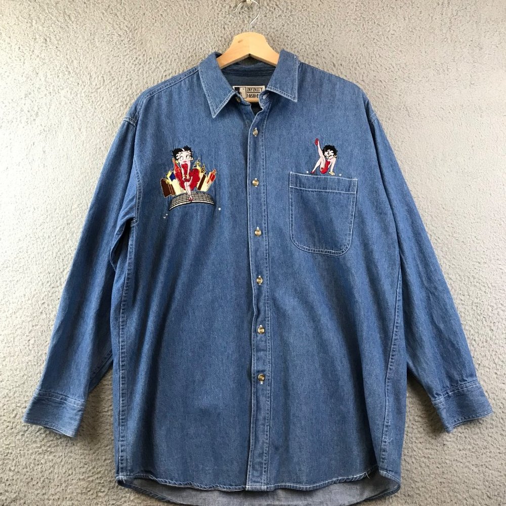 Vintage 90s Infinity Fashions Denim Betty Boop Embroidered Shirt SZ M‎
